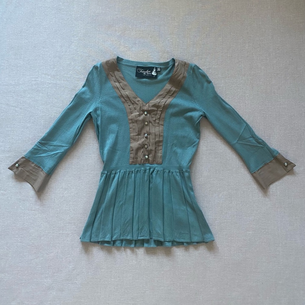 Twelve By Twelve teal pleated coquette cottagecore whimsical sweater top XS